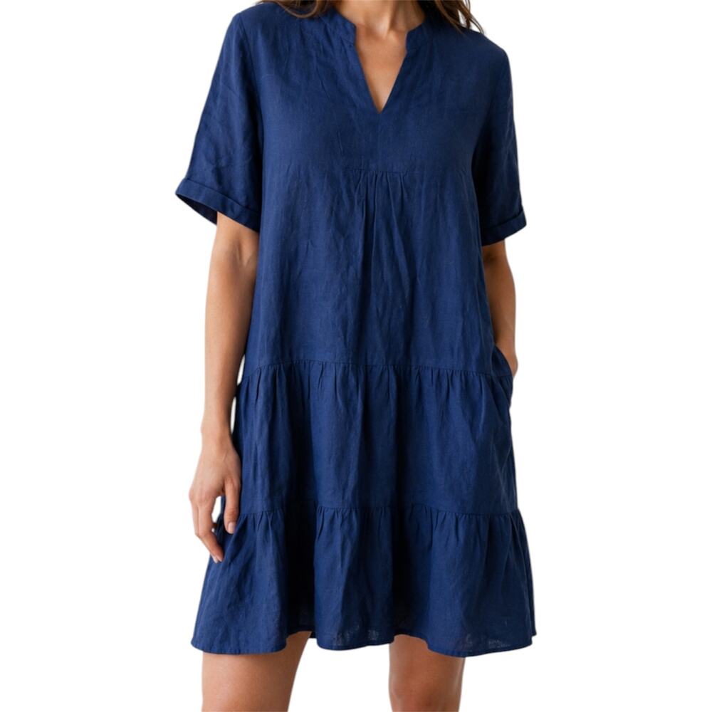 Grae Cove 100% Linen Dress Midi Chambray Tiered A Line Pockets V-Neck Blue M